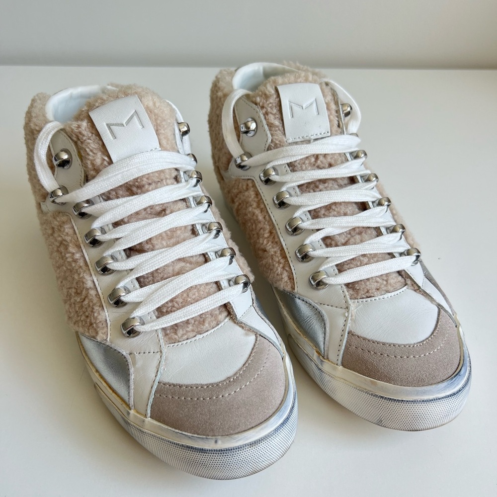 Marc Fisher LTD Merin Faux Fur Tan and White Classic Sneakers with Suede Accents